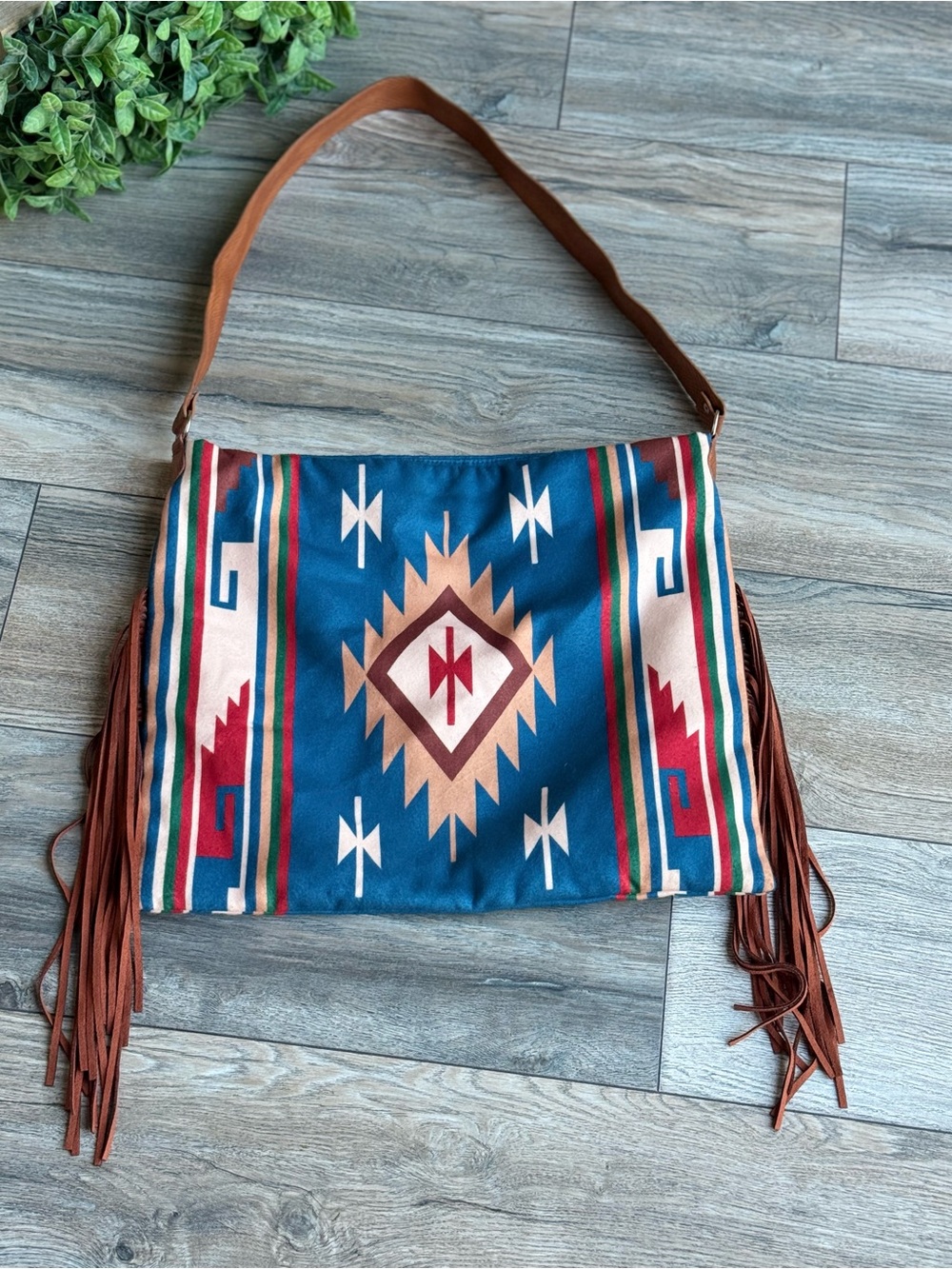 Boho Southwest Fringe Shoulder Bag in Blue and Tan